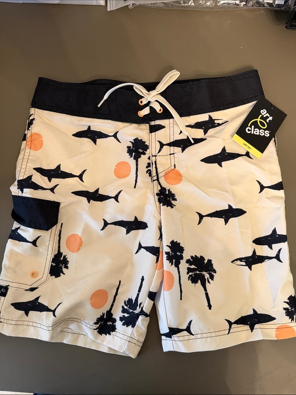 NWTs art class Cream Swim Trunks with Navy Sharks & Orange Suns boys Sz 8 Husky
